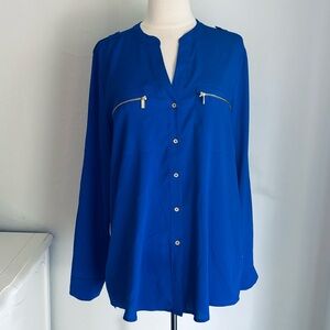 Calvin Klein Zip-Pocket Utility Blouse Roll Tab Sleeves in Royal Blue, Large.
